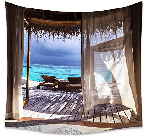 Lsimeru Wasserlandschaft Wandteppich Meer Strand 230x180 Strandkorb Meerblick Wandbehang Natur Landschaft Wandtuch Tapestry Wandtücher Tapisserie Schlafzimmer Wohnzimmer Deko
