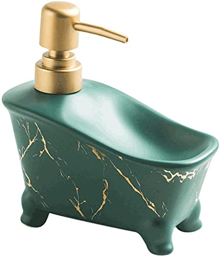 FülleMore Marmor Optik Seifenspender aus Keramik Handseifenspender mit Schwammhalter/Seifenhalter 350ml nachfüllbar Spülmittelspender Küche Badzimmer Waschbecken Pumpspender (Grün)