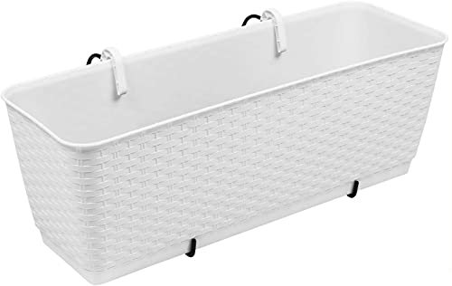 Rammento 50cm Plastic Plant Trough, White Wicker Effect | 12L UV Resistant Outdoor Fence Flower Basket with Water Reserve & Fence Hooks | Long Slim Patio/Balcony Planter Box for Herbs & Shrubs