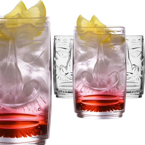 PLATINUX Tiki Gläser Set 4Teilig aus Glas 350ml (max 450ml) Cocktailgläser Longdrinkgläser Hawaiianisch Trinkgläser Rund