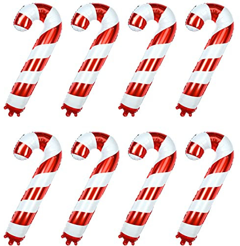 GWHOLE Candy Cane Balloons - 8 Pcs Giant Foil Christmas Balloons With Straw, Inflatable Blow Up Baubles for Party Decorations and Balloon Arch