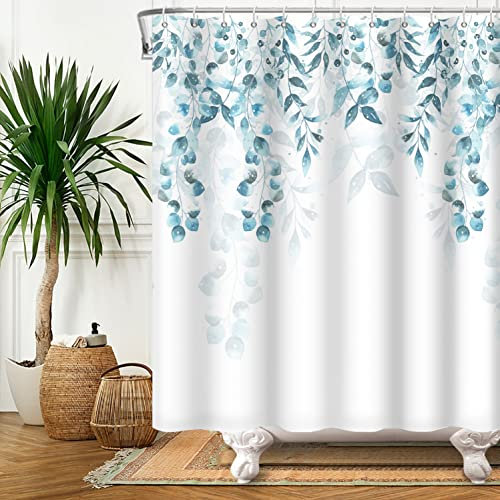 SDOTPMT 105x160cm Sarcelle Vert Feuilles Rideau de Douche Eucalyptus Feuille Naturel Plante Bifurquer Rideau de Bain Blanc Rideau de Baignoire pour Enfants Salle Bains Polyester avec Crochets