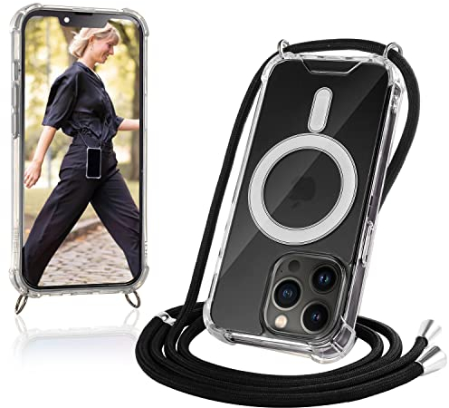 JProtect für iPhone 13 Pro Hülle mit Band und MagSafe – Magnetische Handykette für iPhone 13 Pro Magnet – Durchsichtige Umhängehülle Band Schwarz – Kette Handyhülle für MagSafe Zubehör