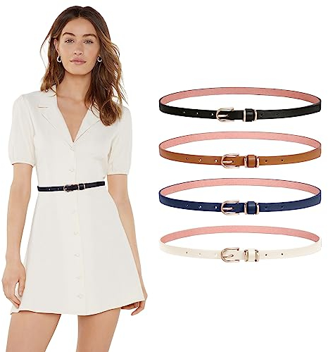 LEACOOLKEY 4 Stück dünne Ledergürtel für Frauen Kleid Skinny Taille Gürtel mit Goldschnalle für Jeans