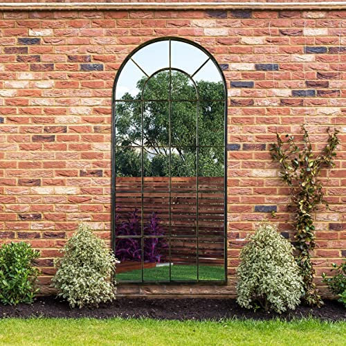 MirrorOutlet The Arcus - Antique Black Framed Window Modern Full Length Arched Garden Mirror 71 X 33.5 (180CM X 85CM) Silver Mirror Glass with Black All weather Backing.