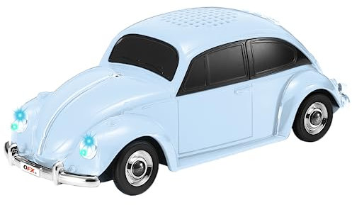 QFX Bluetooth 1960 Bug Retro Car Replica Speaker, 3 Inch Speaker, Hands-Free Calling, Built-in Microphone, FM Radio and LED Party Lights, Blue - BT-1960-BLU