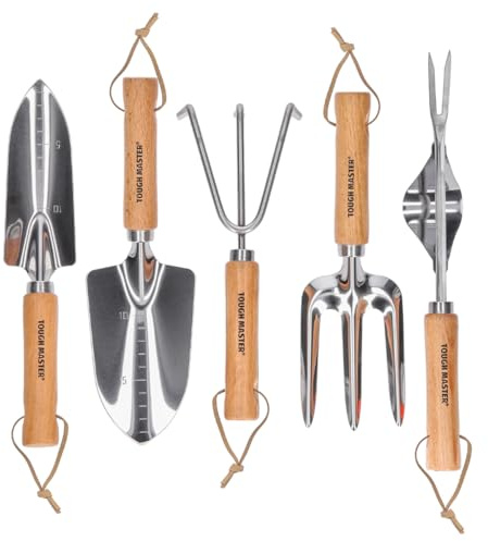 Garden Tools Set 5 Piece Hand Tool Gift Kit With Wooden Handle For Planting Digging Weeding Hand Trowel, Transplanter, Weeder, Hand Cultivator, Fork, Gardening Gifts for Women & Men TOUGH MASTER