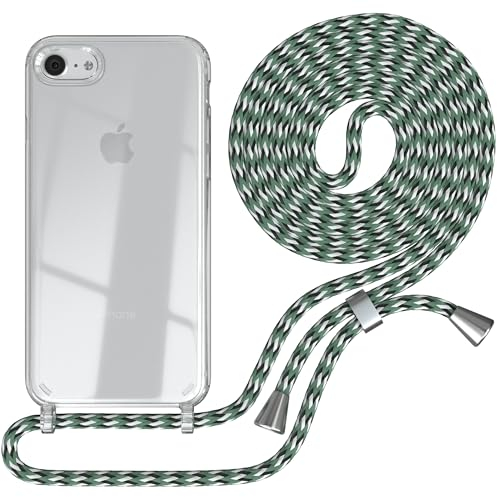 EAZY CASE - Kette Schutzhülle - kompatibel mit iPhone SE (2022/2020) / iPhone 8/7, Stoßfest Fallschutz Bumper Schutzhülle, Handy Straps, Handykette abnehmbar, Hell Grün Camouflage mit Clips Silber