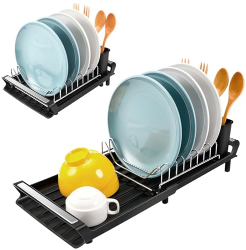 Litimkat Escurridor de Platos, Escurreplatos Compacto Extensible con Escurridor de Cubiertos de Acero Inoxidable, Bandeja de Goteo / 28-47 cm (Negro)