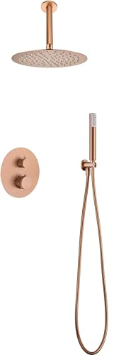 IMEX - Conjunto de ducha termostática empotrado - Kit Termostático Ducha Empotrado 2-Vías - SERIE LINE TOP (Oro Rosa Cepillado)