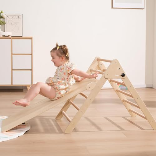 Giant bean Faltbares Holz klettergerüst Indoor Set, Kleinkind Holzkletter Pikler Dreieck mit Schieberampe, Baby-Klettergerüst, kletterdreieck mit Rutsche für Kinder in 2-7 Jahren