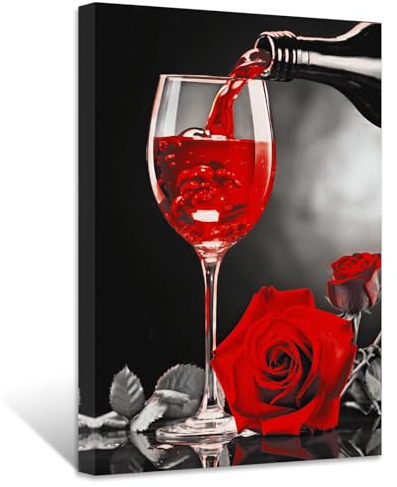 ZXHYWYM Rotwein Wanddekoration Küchen Leinwandbild Schwarz Weiß und Rotweinglas Rosengemälde Drucke modernes abstraktes Kunstwerk für Restaurant Esszimmer Bar Dekor (Bild-1, (30.00 x 45.00 cms))