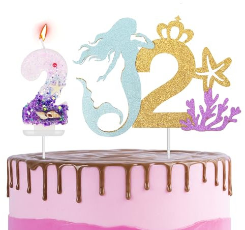 Mermaid 2nd Birthday Cake Topper with Number Candle 2 Sparkling Candles Cake Decorations for Girls,Happy 2nd Birthday Mermaid Theme Party Candles Cake Cupcake Topper for Girls Boys 2nd Birthday