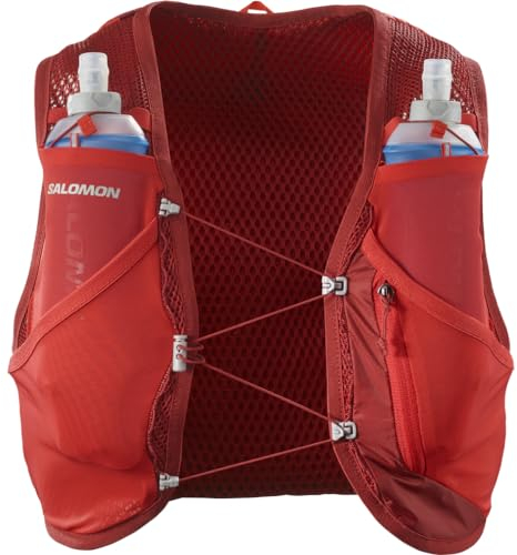 Salomon Active Skin 8 Hydration Pack Running Vest with flasks Included, RED Dahlia / HIGH Risk RED, L