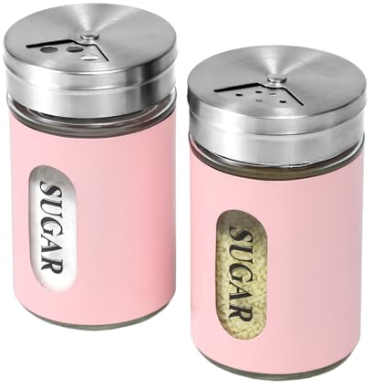 Lot de 2 sucriers en acier inoxydable et verre avec trous de versement réglables pour bar à café (rose)