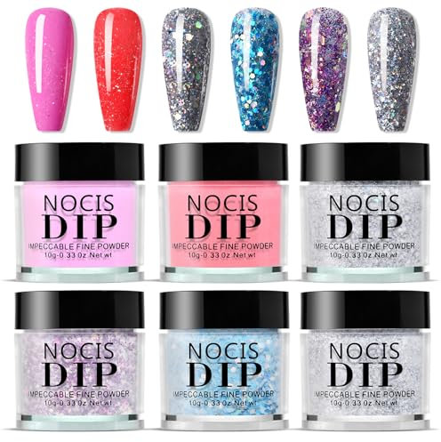 Nail Dip Powder Starter Set - 6 Colors Glitter Dipping Powder Kit - Quick Dry Nail Powder Set - Pink Red Blue Purple Silver French Manicure Kit DIY Nail Art No Need UV Lamp