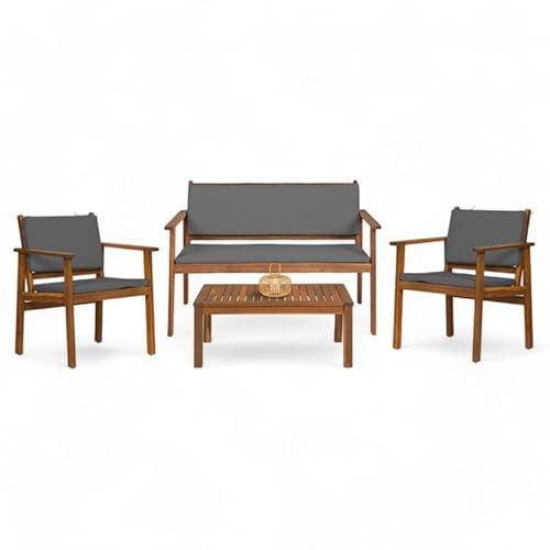 IDMarket - Salon de Jardin Bas Jakarta 4 Places en Acacia avec canapé, fauteuils, Table et Coussins Gris