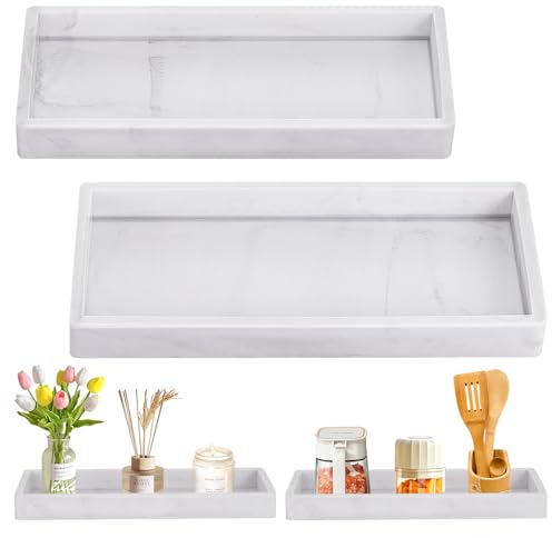 Huiguli 2 Pcs Bathroom Vanity Tray, Decorative Silicone Cosmetic Tray, Non Slip Rectangular Tray for Perfume Tissues Candles Towel Plant Jewelry, 20x10cm White Shatterproof
