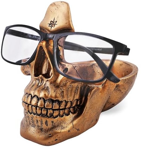 VIPbuy Portaocchiali Teschio, Portaocchiali Novità con Vassoio per Comodino, Statua Testa Teschio in Resina Scultura Casa Ufficio Scrivania Decor Regalo (oro)