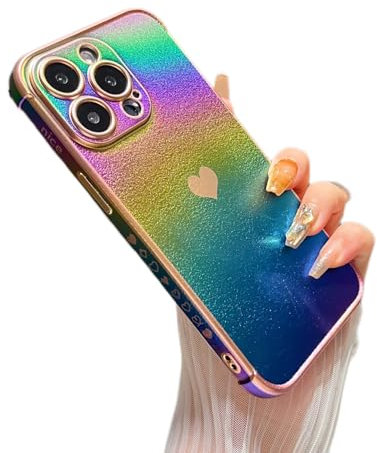 ZTOFERA for iPhone 12 Pro Case 6.1 inch,Cute Colorful Iridescent Plating Edge Case with Love Hearts Pattern,Camera Lens Protection Shockproof Phone Case for Women Girls,Iridescent Violet