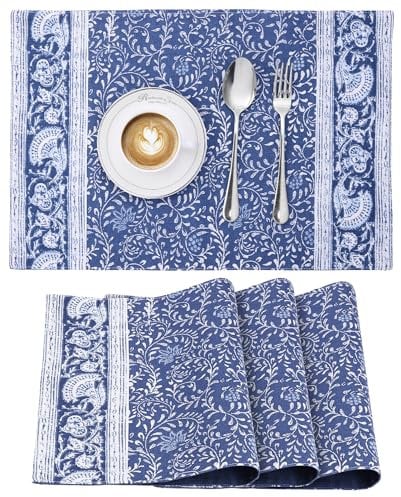 JEMIDI 4er Set Tischset mit Blumenmuster - 4 Tischsets aus Baumwolle - 4X Boho Platzdeckchen Platzset aus Stoff Floral Design - Tisch Sets Platzsets Placemats - Blau