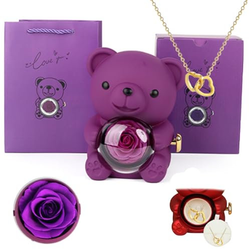 Orsetto di rose conservate regalo per donne con collana a cuore, set regalo di rose conservate, fiori di rosa eterna, regali per moglie, mamma, nonna, fidanzata, Natale, San Valentino, compleanno,