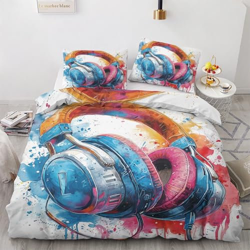 Traulpex Kopfhörer Bettwäsche 135x200cm 3 teilig, Musik Thema Bettbezug mit Reißverschluss, Weich & Bügelfrei, Aquarell Graffiti Bettwäsche Set Microfaser mit 2 Kissenbezug 80x80 cm