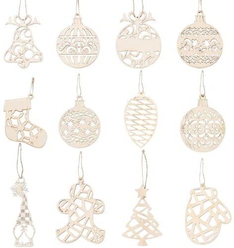 12 Stücke Weihnachtsbaum Anhänger Holz, Christbaumschmuck Anhänger Weihnachten Deko, Holzanhänger zum Bemalen Weihnachten, Weihnachtsbaum Holzanhänger, DIY Weihnachtsdekoration Holz