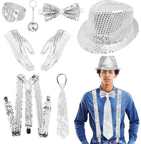 RoserRose Glitzer Kostüm Herren, Glitzer Outfit Herren, Glitzer Accessoires Herren, Disco Kostüm Herren, Glitzer Hut Krawatte Fliege Hosenträger, Glitzeranzug für Karneval Fasching