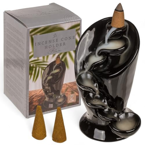 MIJOMA Rückfluss Räucherkegelhalter aus Schwarzer Keramik, Wasserfall-Räucherkegelhalter, Weihrauchbrenner Halter, Spirituelles Räuchergefäß, Entspannung und Meditation (Flow, 12,5 x 7,5 cm)