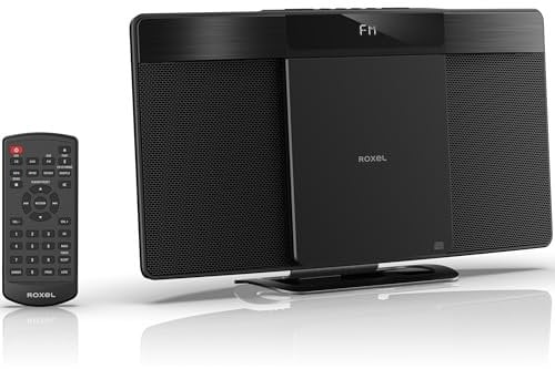 Roxel Reproductor de CD con sistema micro HiFi con radio FM, BT V5.4 inalámbrico, altavoces potentes, montaje en pared, entrada USB y AUX, control remoto, diseño elegante y plano, pantalla LED blanca