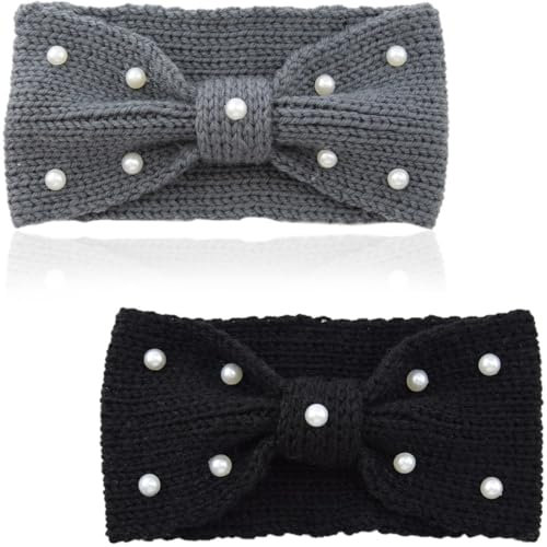 Stirnband Damen, 2 Pcs Damen Strick Perlen Stirnband, Winter Kopfband Haarband, Stirnbänder Ohrenwärmer Elastische, Herbst Und Winter Vielseitig Stirnband Damen