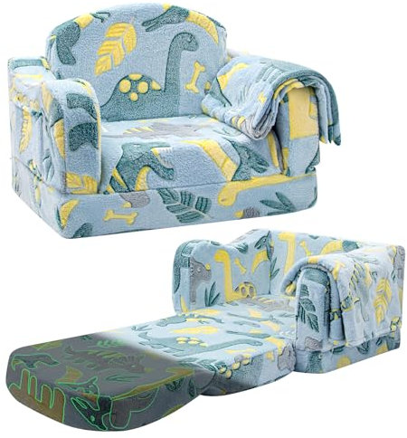 Airpanda Comfy Toddler Chair and Couch for Kids with Blanket,2-in-1 Soft Plush Fold Out Toddler Couch for Girls and Boys,Convertible Sofa to Lounger for Playroom,Glowing Dinosaur
