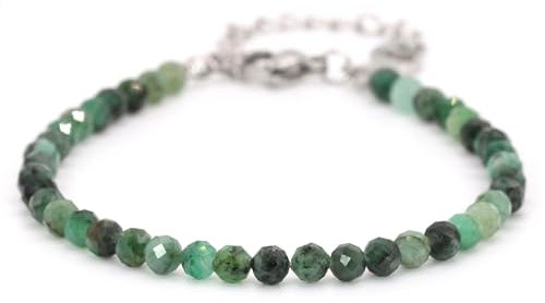Echtes Smaragd Edelstein Armband mit facettierten 4mm Perlen - Länge verstellbar - Heilstein Schutzstein Edelsteinarmband Glücksbringer Talisman Geschenk (Smaragd, 16-21CM S)