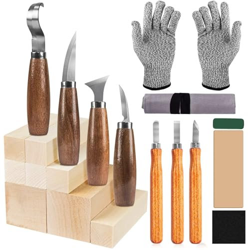 Wood Carving Tools Kit, 20 in 1 Wood Whittling Kits, with 8 Basswood Carving Blocks, 7 Whittling Tools, Gloves, Green Wax and Leather, Roll Canvas Bag, Wood Carving Set for Adult Beginners