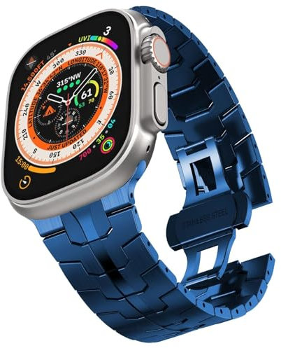 PURYN Correa de acero inoxidable para Apple Watch Ultra 2 Band 49 mm 45 mm 44 mm 42 mm, correa de metal con cierre plegable para Apple Watch Series 9 8 7 6 5 4 3 2 1 Ultra/Ultra 2 Men(Blue)
