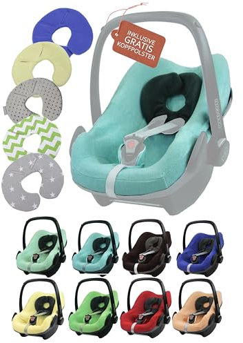 Frottee Sommerbezug [Schonbezug für Babyschale] Autositz kompatibel mit Maxi Cosi Pebble und Pebble Plus + GRATIS Kopfpolster (türkis)
