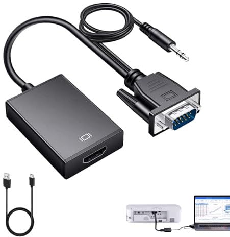Adaptateur VGA vers HDMI avec audio, 1080p HDMI femelle vers VGA mâle, 0,5 m, alimenté par USB pour ordinateur portable, HDTV, moniteur – Comprend un câble USB et audio, charge intelligente
