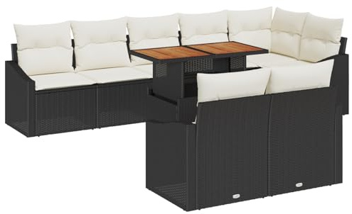vidaXL 9-teiliges Garten Esstisch Set mit Kissen Schwarz Poly Rattan Akazienholz Tisch Outdoor Sofa für 8 Personen Wetterfeste Möbel modernes Design Balkon oder Terrasse Sectional Lounge Kaffee
