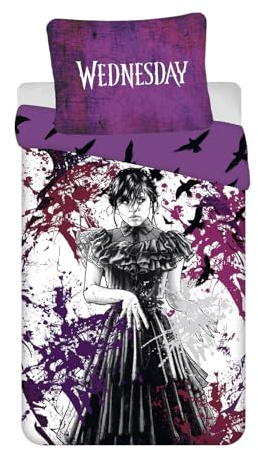 Aymax Wednesday Mikrofaser-Bettwäsche-Set (135 × 200 cm + 70 × 90 cm) – 100% Polyester – Reißverschluss – Offizielles Lizenzprodukt