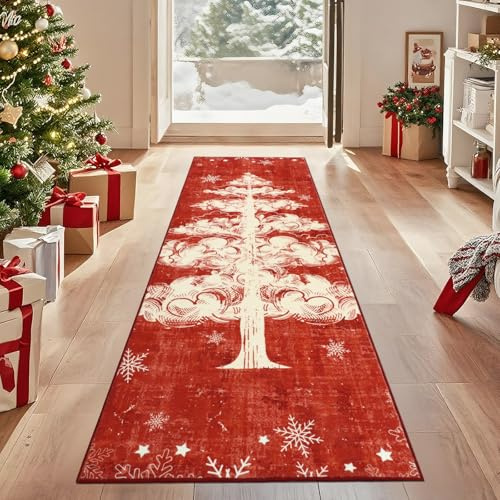 TUKDAK Weihnachtsteppich Läufer 60x180cm,Waschbar rutschfest Teppich Weihnachten,Red Wolkenbaum Weihnachtsläufer Teppich,Küchenteppich Weihnachten,Weihnachtsteppich Küche für Wohnzimmer Schlafzimmer