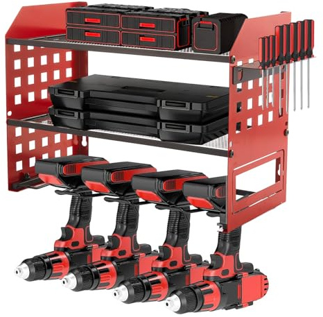 BLUE BAZAAR 3 Layer Power Tool Storage, Tool Rack for 4 Drill Holders, Heavy Duty Wall Mounted Rack for Garage, Home, Workshop (Red)