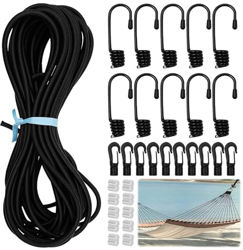 FORYNXHWIN Gummiseil 6 mm x 10 m, Elastisches Expanderseil, Gummischnur mit 10 Spiralhaken, 10 Kunststoffhaken, 10 Würgeklemmen, Spannseil Schwarz für Anhängerplane, Camping, Segeln Planensei
