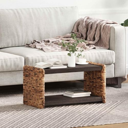 QUAHEAS Table basse naturelle 70 x 35 x 35 cm, en bois d'acajou massif avec détails en rotin, table d'appoint rectangulaire pour salon, chambre à coucher, bureau, table basse durable avec étagère