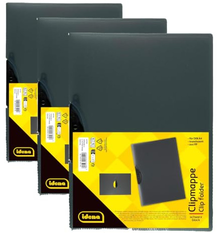 Idena 300554 - Clip Mappe für DIN A4 aus Polypropylen, transluzent schwarz, Klemmmappe, 1 Stück (Packung mit 3)