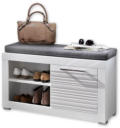 Stella Trading LIFE Schuhbank mit Sitzfläche, weiss hochglanz - bequeme Sitzbank mit Stauraum für Ihren Flur - 92 x 50 x 37 cm (B/H/T)
