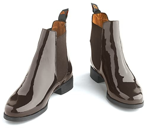 Ovation Women’s Equestrian Leather Classic Style Ankle Low Heel Slip On Finalist Elastic Side Patent Jod Boots, Brown, 7
