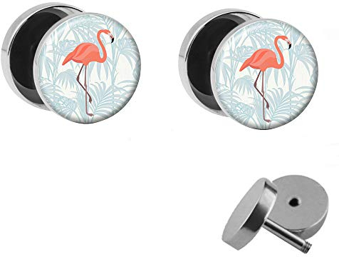 Treuheld® | Set - Rosa Flamingo mit Palme - 2 Ohrstecker zum Schrauben mit pinkem Vogel - Weisse Fake Plugs - Ø 10mm - Ohrringe Fakeplug Weiß Pink - Silber Ohrring - Chirurgenstahl Faketunnel