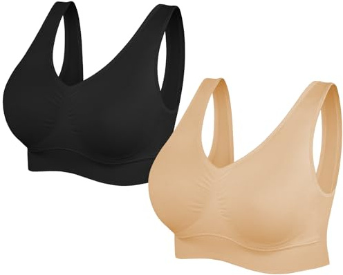 SIMIYA Super Comfort Bra, Womens Sports Bras Removable Pads Plus Size Sleep Bras for Girls in Yoga Bralette Leisure Stretch Crop Tops Vest (3XL, 2 Pack Black+Beige)