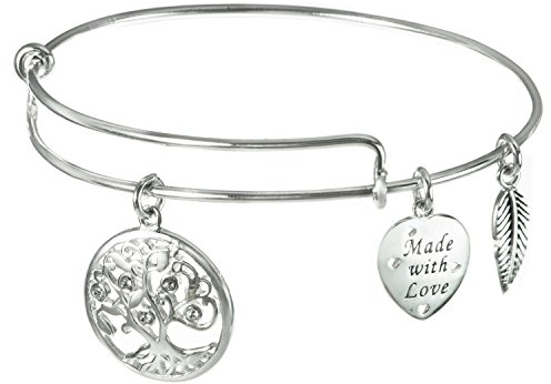 925 Sterling Silber Klar Strass-Familie Herz Blatt Charm verstellbare Draht Armreif Armband